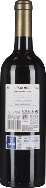 Dunkle Weinflasche mit goldenem Hals und detailliertem Etikett auf der Rückseite.