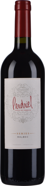 Dunkle Weinflasche mit rotem Verschluss und elegantem, cremefarbenem Etikett mit dekorativen Elementen in Rot und Grau.