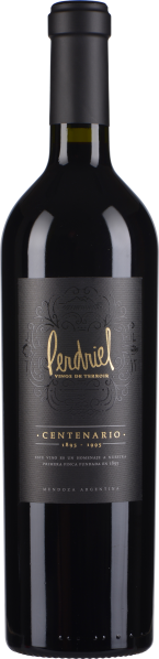 Dunkle Weinflasche mit elegantem, dunkelgrauem Etikett, verziert mit feinen, goldenen Details und Schrift.