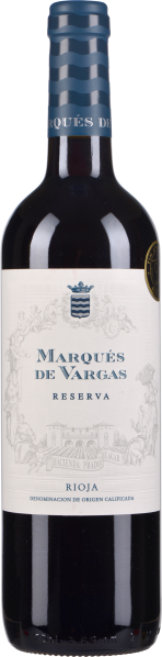 Dunkelrote Weinflasche mit elegantem, gewelltem blauen Hals und einem raffiniert gestalteten Etikett in Weiß und Blau.