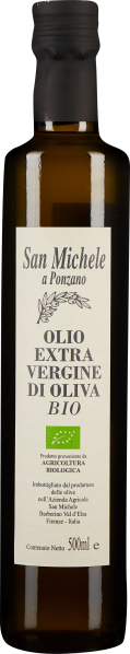 Braune Glasflasche mit schwarzem Verschluss, etikettiert mit San Michele Olivenöl-Design und Bio-Siegel.