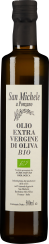 Braune Glasflasche mit schwarzem Verschluss, etikettiert mit San Michele Olivenöl-Design und Bio-Siegel.