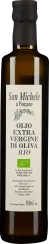 Braune Glasflasche mit schwarzem Verschluss, etikettiert mit San Michele Olivenöl-Design und Bio-Siegel.