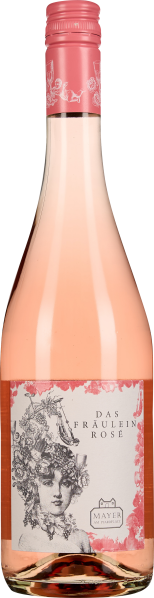 Eine Roséweinflasche mit elegantem, hellrosa Farbton und kunstvollem Etikett, das eine skizzierte Frauenfigur mit Blumenschmuck zeigt. Der Schraubverschluss ist ebenfalls in Rosa gehalten.