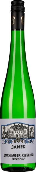 Grüne Weinflasche mit schwarzem Schraubverschluss; Etikett mit schwarz-weißer Illustration eines Hauses und blauen Details.