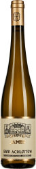 Eine elegante Flasche Weißwein mit goldener Kapsel und Etikett, auf dem eine stilisierte Zeichnung eines Gebäudes zu sehen ist.