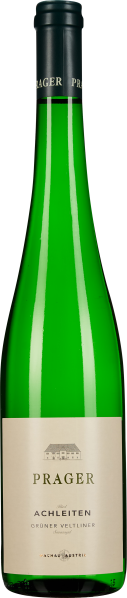 Grüne Weinflasche mit eleganter, schmaler Form, dunkelblauem Hals und einem beige Etikett mit minimalistischen Details.