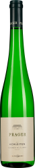Grüne Weinflasche mit eleganter, schmaler Form, dunkelblauem Hals und einem beige Etikett mit minimalistischen Details.