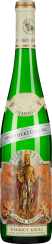 Grüne Weinflasche mit opulentem Etikett, das eine religiöse Figur in goldener Robe zeigt. Das Etikett ist künstlerisch verziert und hebt sich durch seine Details hervor.