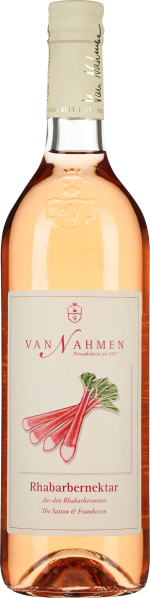 Flasche mit rosa Rhabarbernektar, schmales Etikett mit gezeichnetem Rhabarbermotiv, klare Glasflasche und cremefarbener Verschluss.