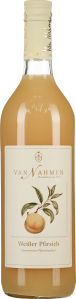 Die Flasche zeigt eine helle, gelbliche Flüssigkeit, die an Pfirsichsaft erinnert. Das Etikett ist in zurückhaltenden Farben gestaltet, mit einer Zeichnung eines weißen Pfirsichs in der Mitte. Der Verschluss der Flasche ist hell, passend zur Gesamtästheti