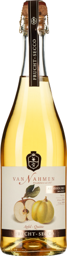 Transparente Glasflasche mit hellem, goldgelbem Inhalt. Auf dem Etikett sind stilisierte Abbildungen eines Apfels und einer Quitte zu sehen. Die Flasche hat einen Korkverschluss und ein dunkles, elegantes Band mit goldener Schrift zieht sich vertikal über