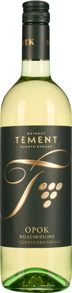 Eine Weißweinflasche mit transparentem Glas, gefüllt mit blassgelbem Wein. Die Flasche hat ein stilvolles, dunkelgraues Etikett mit goldener Schrift und einem geschwungenen Design. Der Verschluss ist ebenfalls dunkel gehalten.