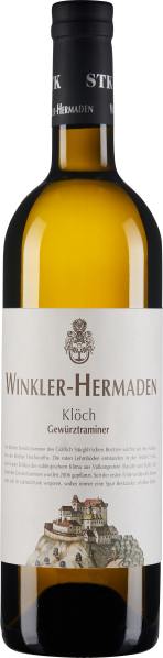 Weinflasche mit einem klaren Glas und einem goldenen Schraubverschluss. Das Etikett ist weiß mit einem detaillierten Logo und einer farbigen Illustration eines Schlosses. Der Wein hat eine goldgelbe Farbe.