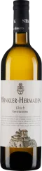 Weinflasche mit einem klaren Glas und einem goldenen Schraubverschluss. Das Etikett ist weiß mit einem detaillierten Logo und einer farbigen Illustration eines Schlosses. Der Wein hat eine goldgelbe Farbe.
