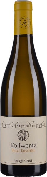 Eine elegante Weinflasche mit goldgelbem Schraubverschluss und Etikett in Cremeweiß, das eine stilisierte Zeichnung von Gebäuden zeigt. Der Flaschenkörper hat einen transparenten braunen Glanz.