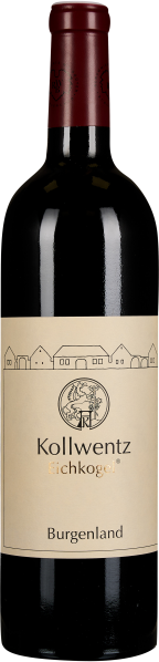 Eine dunkle Weinflasche mit rotem Korken und einem beigen Etikett. Das Etikett zeigt eine skizzierte Gebäudezeile und ein rundes Logo in der Mitte. Darunter stehen stilisierte Schriftzüge.