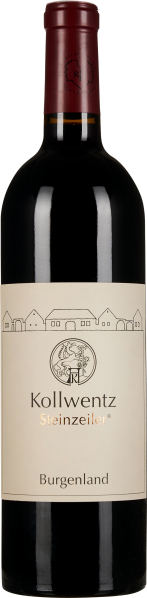 Weinflasche mit dunkelrotem Glas und schlichtem beigen Etikett, verziert mit einer gezeichneten Häuserreihe und einem runden Wappen in der Mitte. Der Flaschenhals ist mit einer weinroten Kapsel bedeckt.