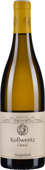 Weinflasche mit gelbem Verschluss und cremefarbenem Etikett, darauf eine feine Zeichnung von Häusern und ein stilisiertes Wappen. Der Flaschenkörper ist dunkel und spiegelt leicht.