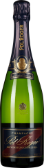 Grüne Champagnerflasche mit goldenen und dunkelblauen Etiketten; elegantes Design mit einem Wappen-Logo und geschwungenen Schriftzügen auf Vorder- und Halsbereich.