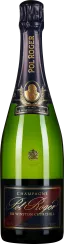 Grüne Champagnerflasche mit goldenen und dunkelblauen Etiketten; elegantes Design mit einem Wappen-Logo und geschwungenen Schriftzügen auf Vorder- und Halsbereich.