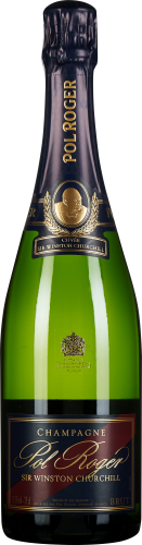 Grüne Champagnerflasche mit goldenen und dunkelblauen Etiketten; elegantes Design mit einem Wappen-Logo und geschwungenen Schriftzügen auf Vorder- und Halsbereich.