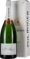 Champagnerflasche in Grün mit elegantem gold-blauem Emblem, weißem Etikett und weißem Siegel, daneben passende weiße Geschenkbox mit blau-goldener Verzierung.