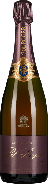 Flasche Rosé-Champagner mit elegantem, tiefviolettem Etikett und goldenen Akzenten, gekrönt von schimmernder, violetter Folie.