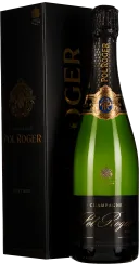 Grüne Champagnerflasche mit elegantem, schwarzem Etikett und goldenen Verzierungen, daneben eine schwarze, luxuriös aussehende Verpackung mit goldenen Elementen.