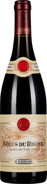 Dunkle Weinflasche mit rotem Hals und cremefarbenem Etikett, verziert mit Landschaftsillustration.