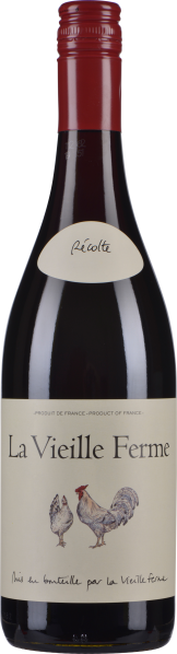 Eine Weinflasche mit rotem Schraubverschluss und einem schlichten cremefarbenen Etikett, das zwei Hühner illustriert.