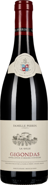 Flasche mit dunklem Glas und rotem Weinkapsel. Das Etikett ist hell mit einem historischen Gebäude in der Mitte abgebildet, darunter der Name in kräftigem Rot.