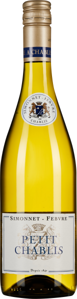 Eine schlanke Weinflasche mit goldenem Schraubverschluss, gefüllt mit einem klaren, hellgelben Wein. Das Etikett zeigt ein blau-weißes Wappen und verleiht der Flasche ein elegantes Erscheinungsbild.