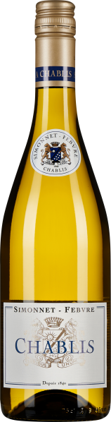 Die Weinflasche zeigt einen klaren, hellgelben Chablis mit einem goldenen Schraubverschluss. Das Etikett ist elegant in Weiß und Blau gestaltet, mit einem Wappen in der Mitte.