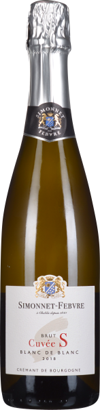 Flasche mit goldenem Schaumwein, klassisch geformt, mit silberner Folie am Flaschenhals und elegantem Etikett in Weiß und Gold.