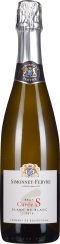 Flasche mit goldenem Schaumwein, klassisch geformt, mit silberner Folie am Flaschenhals und elegantem Etikett in Weiß und Gold.