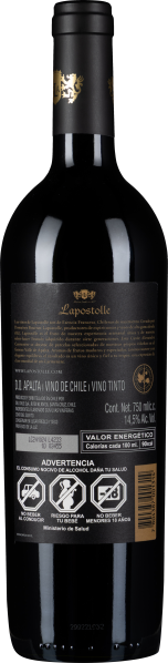 Rückseite einer dunklen Weinflasche mit goldenen Verzierungen auf dem Hals.