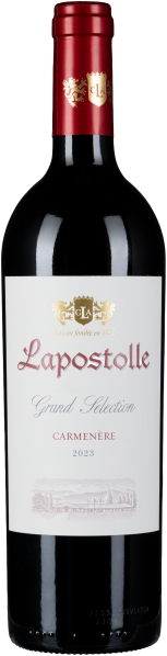 Weinflasche mit rotem Kapselverschluss und weißem Etikett mit goldenen Details.