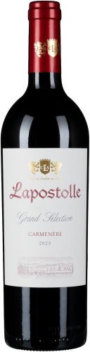 Weinflasche mit rotem Kapselverschluss und weißem Etikett mit goldenen Details.