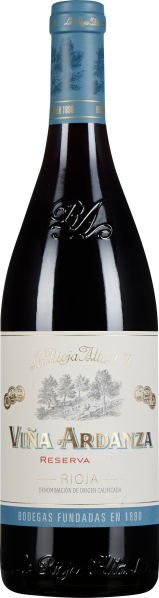 Braune Weinflasche mit blauer Kapsel und cremefarbenem Etikett.