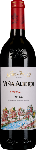 Die Weinflasche zeigt ein elegantes Design mit einem tiefroten Verschluss und geprägt reliefartigem Logo. Das Etikett ist weiß, illustriert mit bunten Herbstbäumen neben einem Fluss, und präsentiert sich mit schwarzer und roter Schrift.