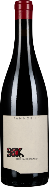 Weinflasche mit rotem Kapselverschluss und schlichtem, cremefarbenem Etikett, das ein stilisiertes, rot-schwarzes Muster zeigt.