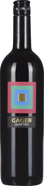 Schlanke, dunkle Weinflasche mit farbigem, geometrischem Etikett in Rot, Blau und Grün, mit einem goldenen Quadrat in der Mitte.