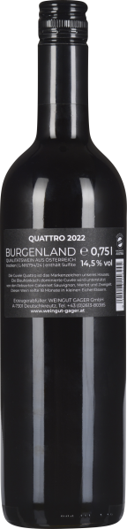 Bordeauxfarbene Weinflasche mit schwarzem Schraubverschluss und weißem Etikett auf der Rückseite.