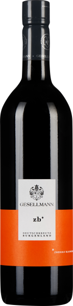 Dunkle Weinflasche mit einem schwarzen Schraubverschluss und einem eleganten, zweifarbig gestalteten Etikett: oben weiß mit einem Wappensymbol und unten leuchtend orange.