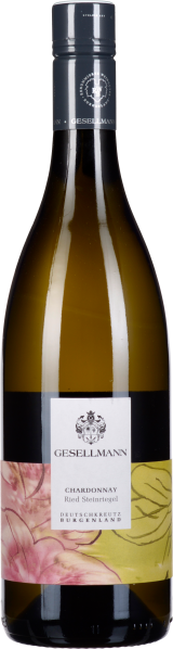 Flasche eines Weißweins mit gelblich-goldener Flüssigkeit, schwarzer Kapsel und modernem Etikett mit floralen Elementen in Rosa und Grün.