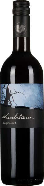 Dunkle Weinflasche mit Schraubverschluss, blau-schwarzes Etikett mit minimalistischem Landschaftsdesign in Blau- und Schwarztönen.