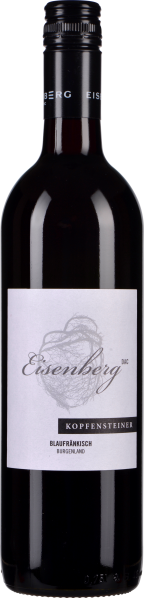 Eine Weinflasche mit dunkelroter Flüssigkeit, schwarzem Schraubverschluss und einem eleganten Etikett in Weiß mit feiner Grafik.