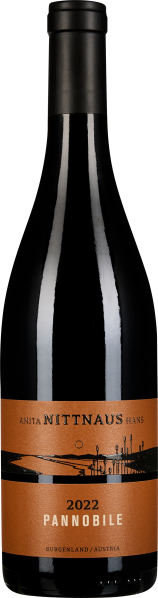 Eine dunkle Weinflasche mit einem schlichten, eleganten Etikett in warmem Braunton und schwarzer Schrift, sowie einem schwarzen Verschluss.