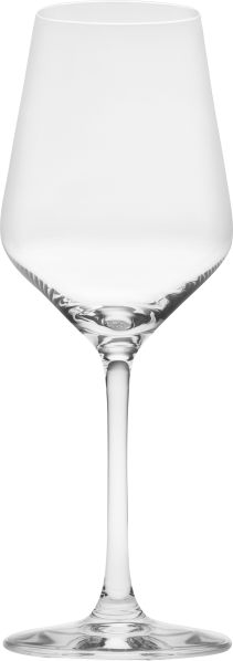 Ein elegantes Weinglas mit einem schlanken, hohen Stiel und einer leicht bauchigen, klaren Glaskelchform.